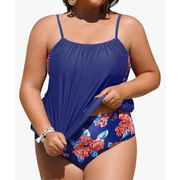 Daci Womens Plus Size XXL 2-Piece Tankini Swimsuit Tummy Control Floral Beach - Picture 1 of 14